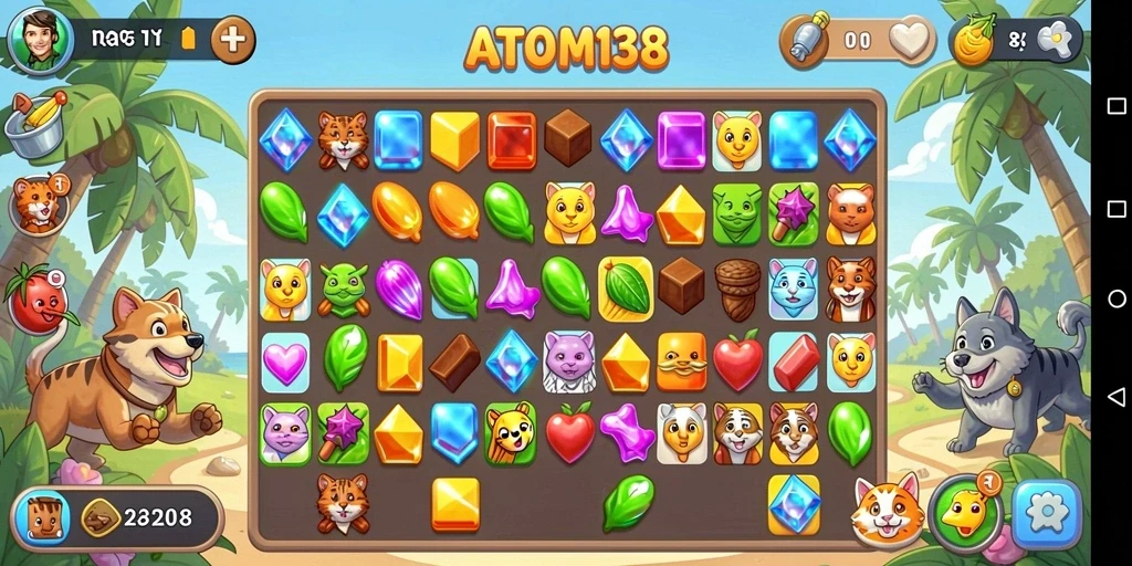 Tangkapan layar utama ATOM138 menampilkan gameplay Match-3 yang menantang.