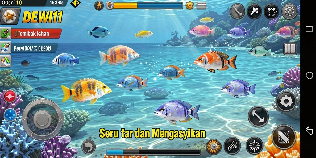 Gameplay seru dalam DEWI11 saat menangkap ikan.