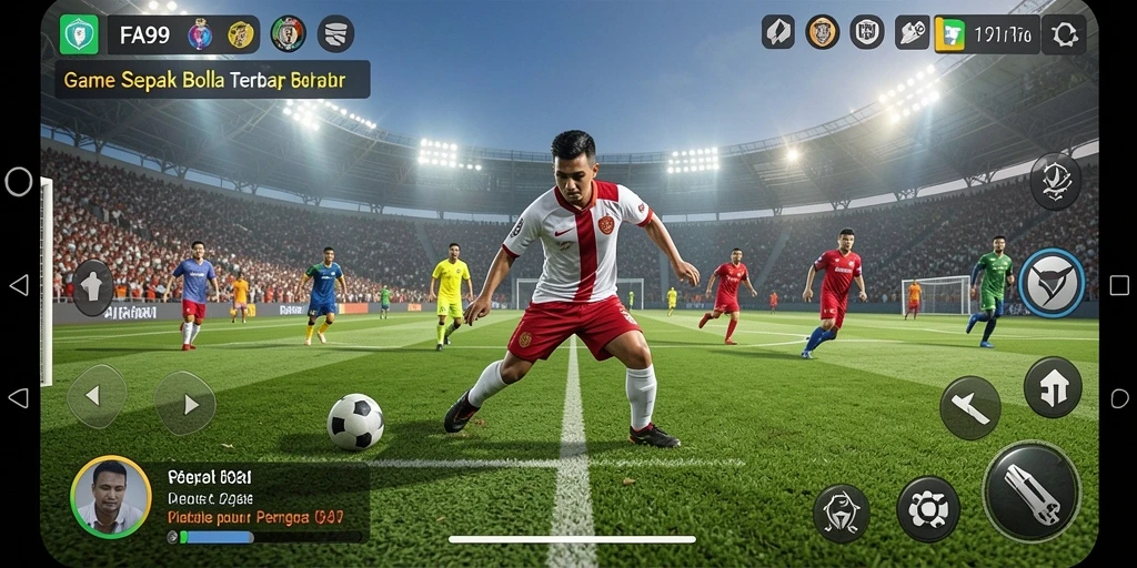 Tangkapan layar utama FA99 yang menunjukkan momen epik dalam permainan sepak bola.