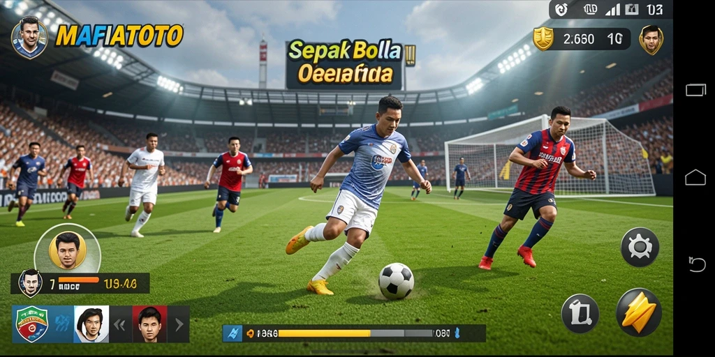 Screenshot gameplay MAFIATOTO menampilkan aksi sepak bola yang mendebarkan.
