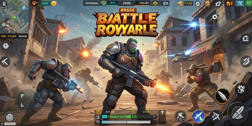 Screenshot utama RR666 menampilkan pertarungan intens dalam Battle Royale.
